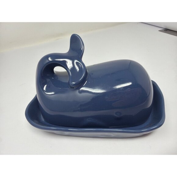Whale Shaped Ceramic Butter Dish w Lid Deep Blue Modern Coastal Kitchen Decor - Picture 4 of 7
